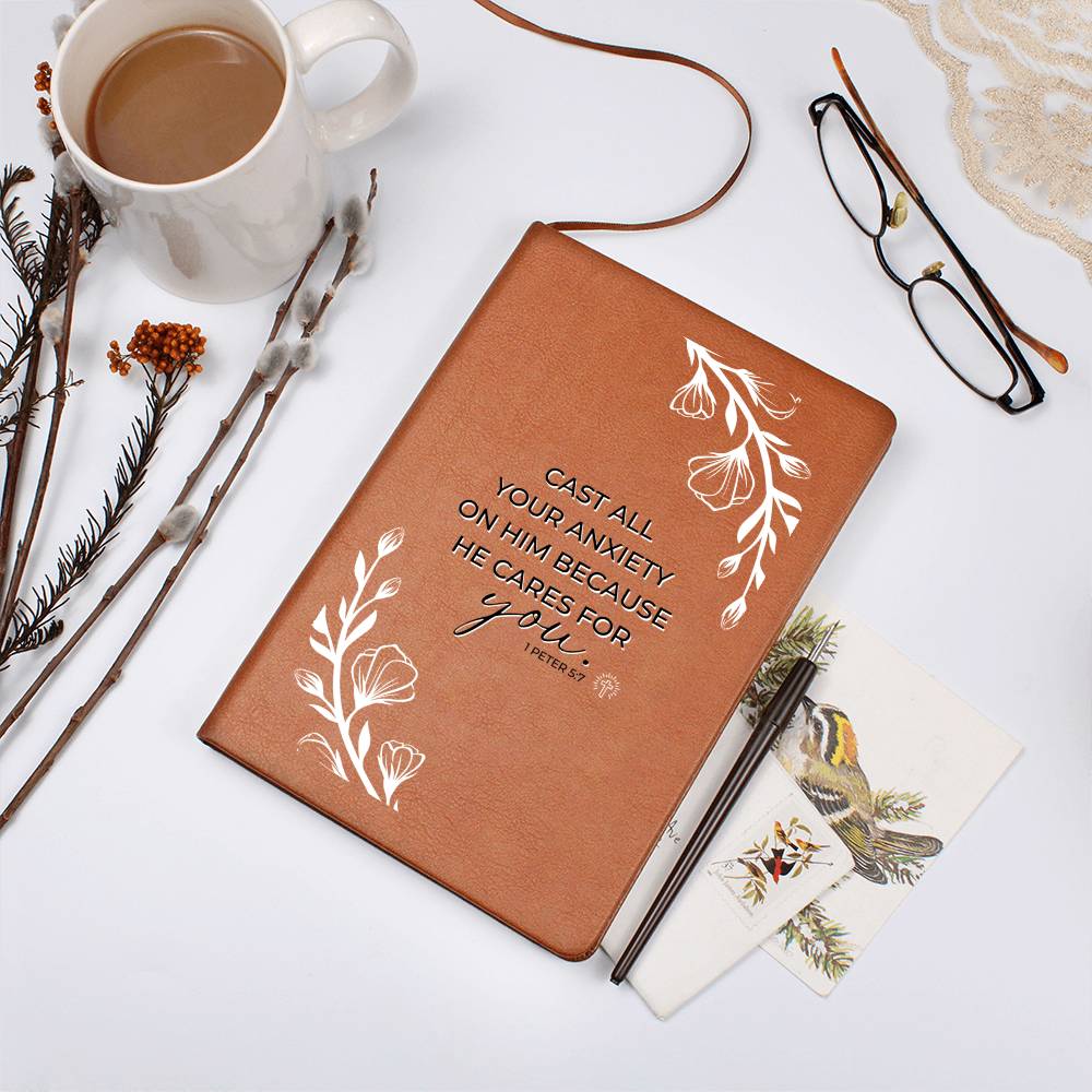 Christian Notebook - Case All Your Anxiety - 1 Peter 5:7 - Inspirational Leather Journal - Encouragement, Birthday or Christmas Gift