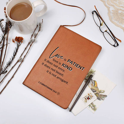 Love Is Patient - 1 Corinthians 13:4 - Custom Leather Journal - Christian Notebook - Liliana and Liam