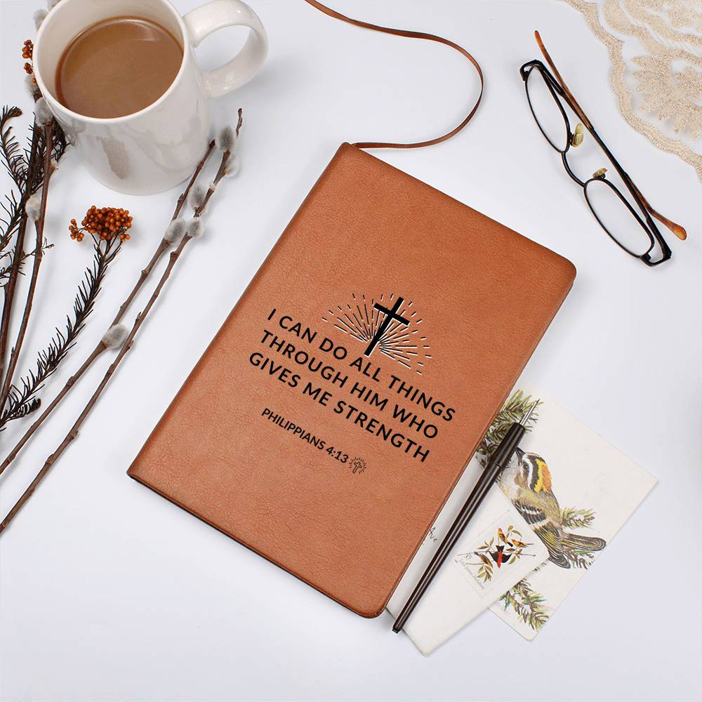 Christian Notebook - Through Him - Philippians 4:13 - Inspirational Leather Journal - Encouragement, Birthday or Christmas Gift