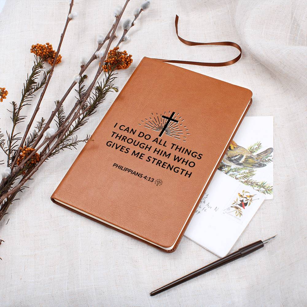 Christian Notebook - Through Him - Philippians 4:13 - Inspirational Leather Journal - Encouragement, Birthday or Christmas Gift