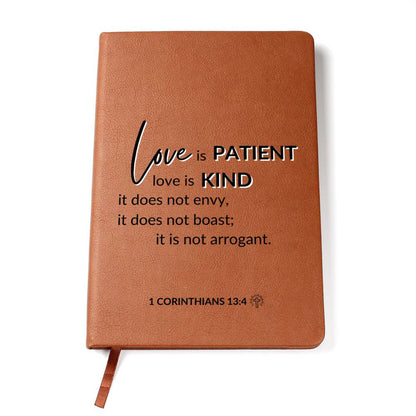 Love Is Patient - 1 Corinthians 13:4 - Custom Leather Journal - Christian Notebook - Liliana and Liam