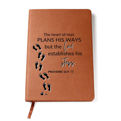 The Lord Establishes His Steps - Proverbs 16:9 - Custom Leather Journal - Christian Notebook - Liliana and Liam