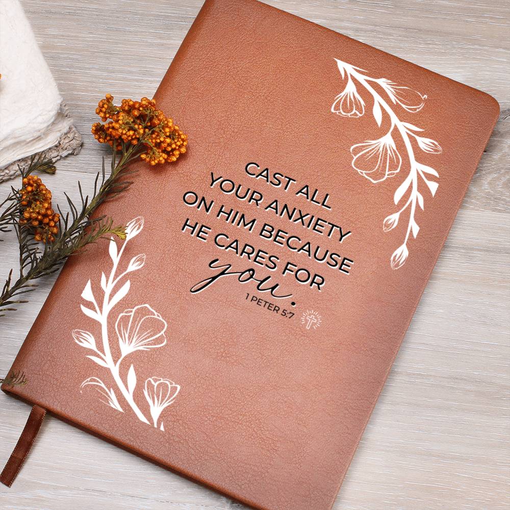 Christian Notebook - Case All Your Anxiety - 1 Peter 5:7 - Inspirational Leather Journal - Encouragement, Birthday or Christmas Gift