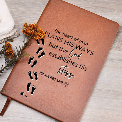 The Lord Establishes His Steps - Proverbs 16:9 - Custom Leather Journal - Christian Notebook - Liliana and Liam