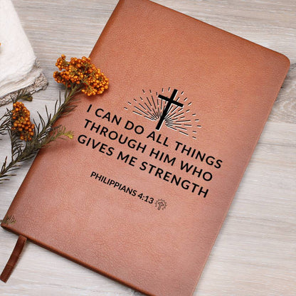 Through Him - Philippians 4:13 - Custom Leather Journal - Christian Notebook - Liliana and Liam