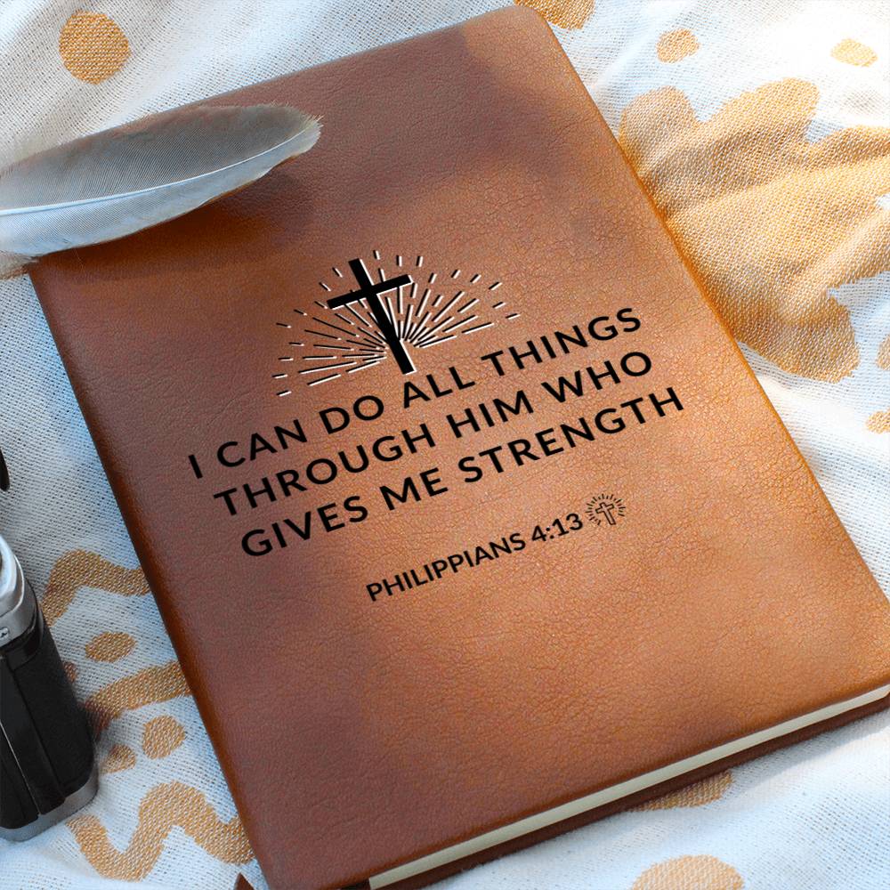 Christian Notebook - Through Him - Philippians 4:13 - Inspirational Leather Journal - Encouragement, Birthday or Christmas Gift