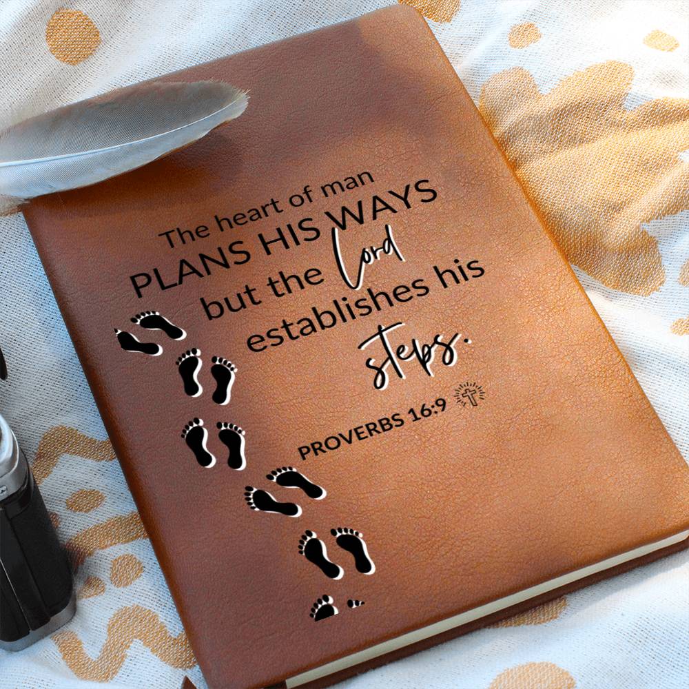 Christian Notebook - The Lord Establishes His Steps - Proverbs 16:9 - Inspirational Leather Journal - Encouragement, Birthday or Christmas Gift
