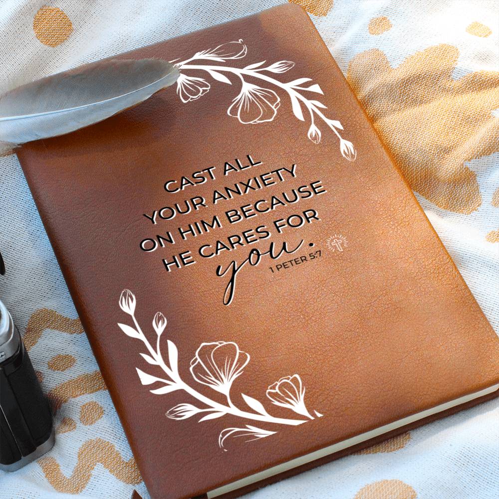 Christian Notebook - Case All Your Anxiety - 1 Peter 5:7 - Inspirational Leather Journal - Encouragement, Birthday or Christmas Gift