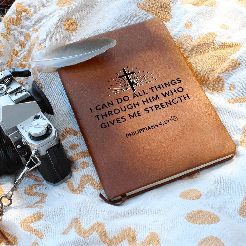 Christian Notebook - Through Him - Philippians 4:13 - Inspirational Leather Journal - Encouragement, Birthday or Christmas Gift