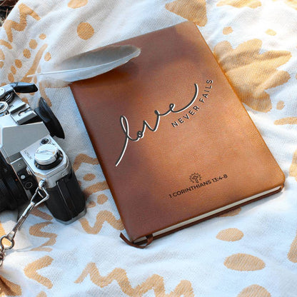 Love Never Fails - 1 Corinthians 13:4 - 8 - Custom Leather Journal - Christian Notebook - Liliana and Liam