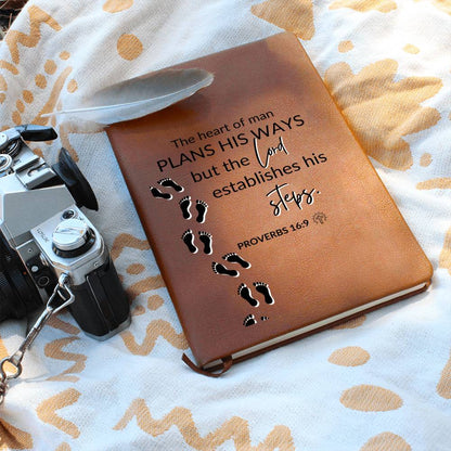 The Lord Establishes His Steps - Proverbs 16:9 - Custom Leather Journal - Christian Notebook - Liliana and Liam