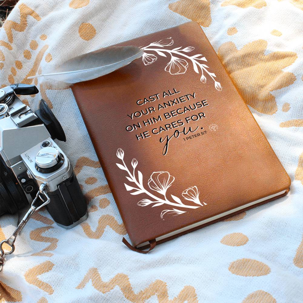 Christian Notebook - Case All Your Anxiety - 1 Peter 5:7 - Inspirational Leather Journal - Encouragement, Birthday or Christmas Gift