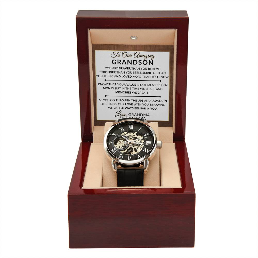 Gift For Our Grandson From Grandma and Grandpa - Carry Our Love With You - Men's Openwork Skeleton Watch + LED Watch Box - Great Christmas, Birthday, or Graduation Gift