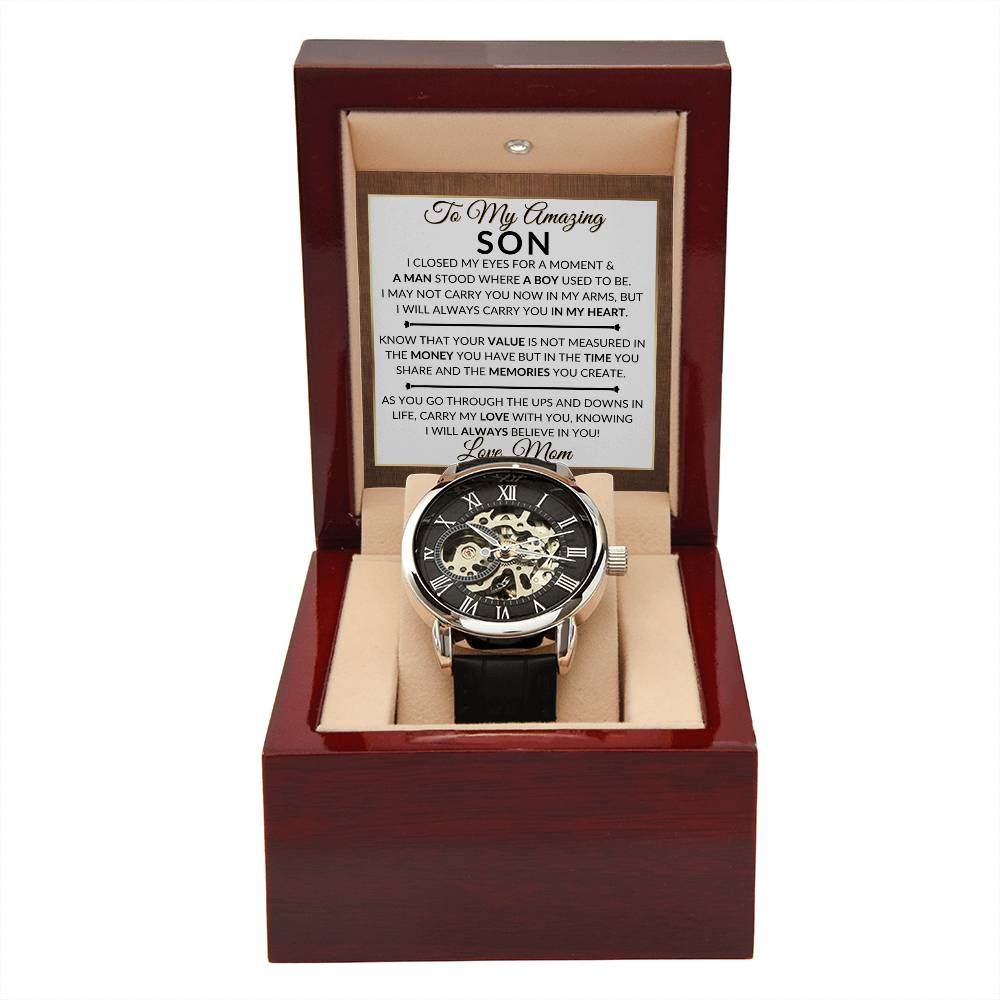Gift For My Son From His Mom - I Closed My Eyes - Men's Openwork Skeleton Watch + LED Watch Box - Great Christmas, Birthday, or Graduation Gift - Liliana and Liam
