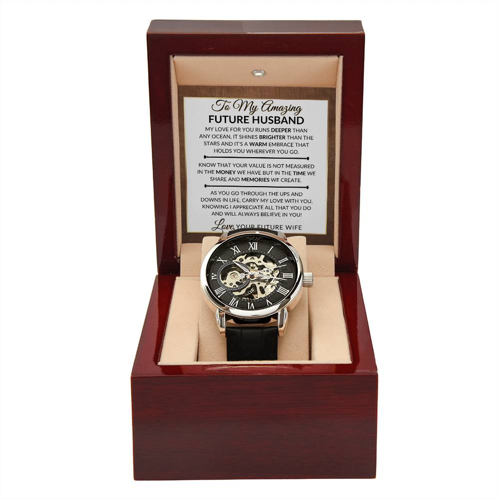 Best Gift For Future Husband, Fiance, From Future Wife - Love And Memories - Men's Openwork Skeleton Watch + LED Watch Box - Great Christmas, Birthday, or Anniversary Gift