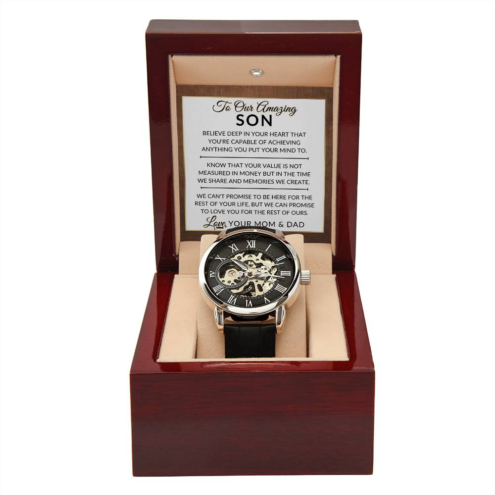 Son Gift From Mom and Dad - You Can Achieve Anything - Men's Openwork Skeleton Watch + LED Watch Box - Great Christmas, Birthday, or Graduation Gift - Liliana and Liam