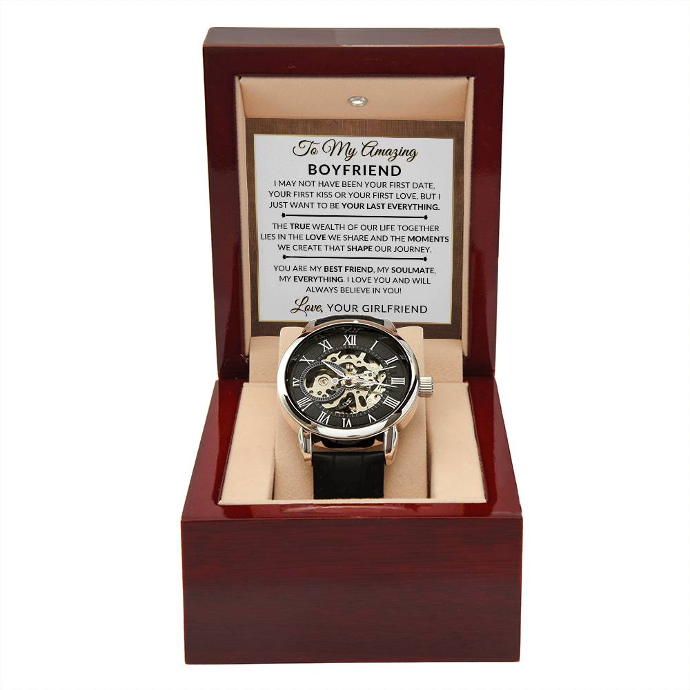 Unique Gift For Boyfriend From Girlfriend - My Best Friend, My Soulmate, My Everything - Men's Openwork Skeleton Watch + LED Watch Box - Great Christmas, Birthday, or Anniversary Gift