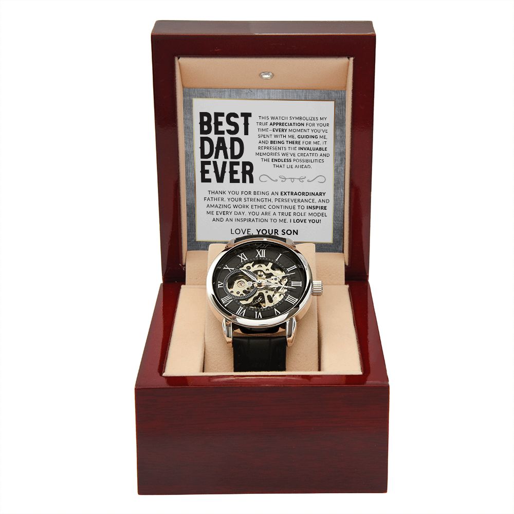 Dad Gift, From His Son - Men's Openwork Watch + Box - Thoughtful Father's Day, Christmas or Birthday Gift For Him