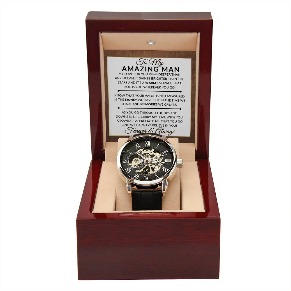 Best Gift For My Man - Love And Memories - Men's Openwork Skeleton Watch + LED Watch Box - Great Christmas, Birthday, Valentine's Day or Anniversary Gift - Liliana and Liam
