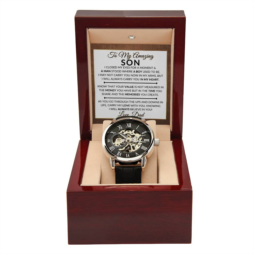 Gift For My Son From His Dad - I Closed My Eyes - Men's Openwork Skeleton Watch + LED Watch Box - Great Christmas, Birthday, or Graduation Gift - Liliana and Liam