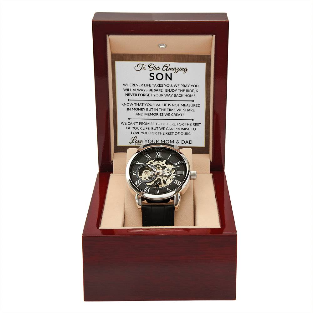 Gift For Our Son From Mom and Dad - Never Forget Your Way Home - Men's Openwork Skeleton Watch + LED Watch Box - Great Christmas, Birthday, or Graduation Gift