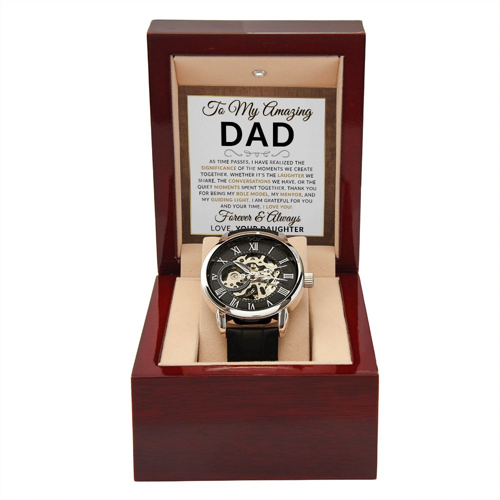 Dad Gift, From Daughter - Men's Openwork Watch + Box - Thoughtful Father's Day, Christmas or Birthday Gift For Him