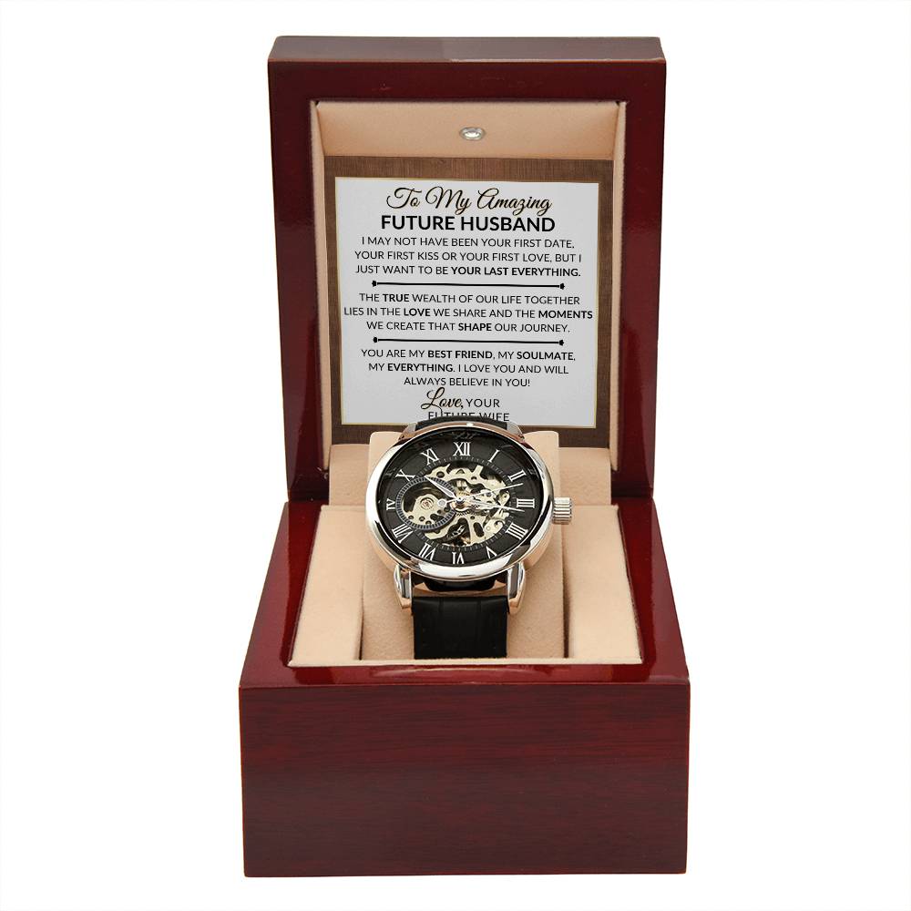 Unique Gift For Future Husband, Fiancé, From Future Wife - My Best Friend, My Soulmate, My Everything - Men's Openwork Skeleton Watch + LED Watch Box - Great Christmas, Birthday, or Anniversary Gift