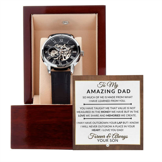 Dad Gift From Son - A Place In Your Heart - Men's Openwork Skeleton Watch + LED Watch Box - Great Christmas, Birthday, or Retirement Gift