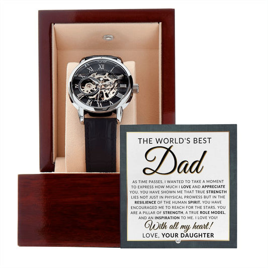 World's Best Dad, From Daughter - Men's Openwork Watch + Box - Thoughtful Father's Day, Christmas or Birthday Gift For Him