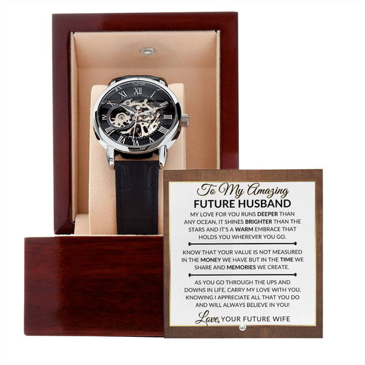 Best Gift For Future Husband, Fiance, From Future Wife - Love And Memories - Men's Openwork Skeleton Watch + LED Watch Box - Great Christmas, Birthday, or Anniversary Gift