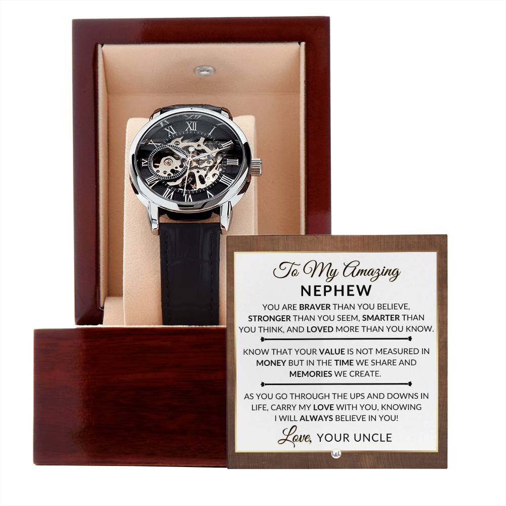 Gift For My Nephew From Uncle - Carry My Love With You - Men's Openwork Skeleton Watch + LED Watch Box - Great Christmas, Birthday, or Graduation Gift