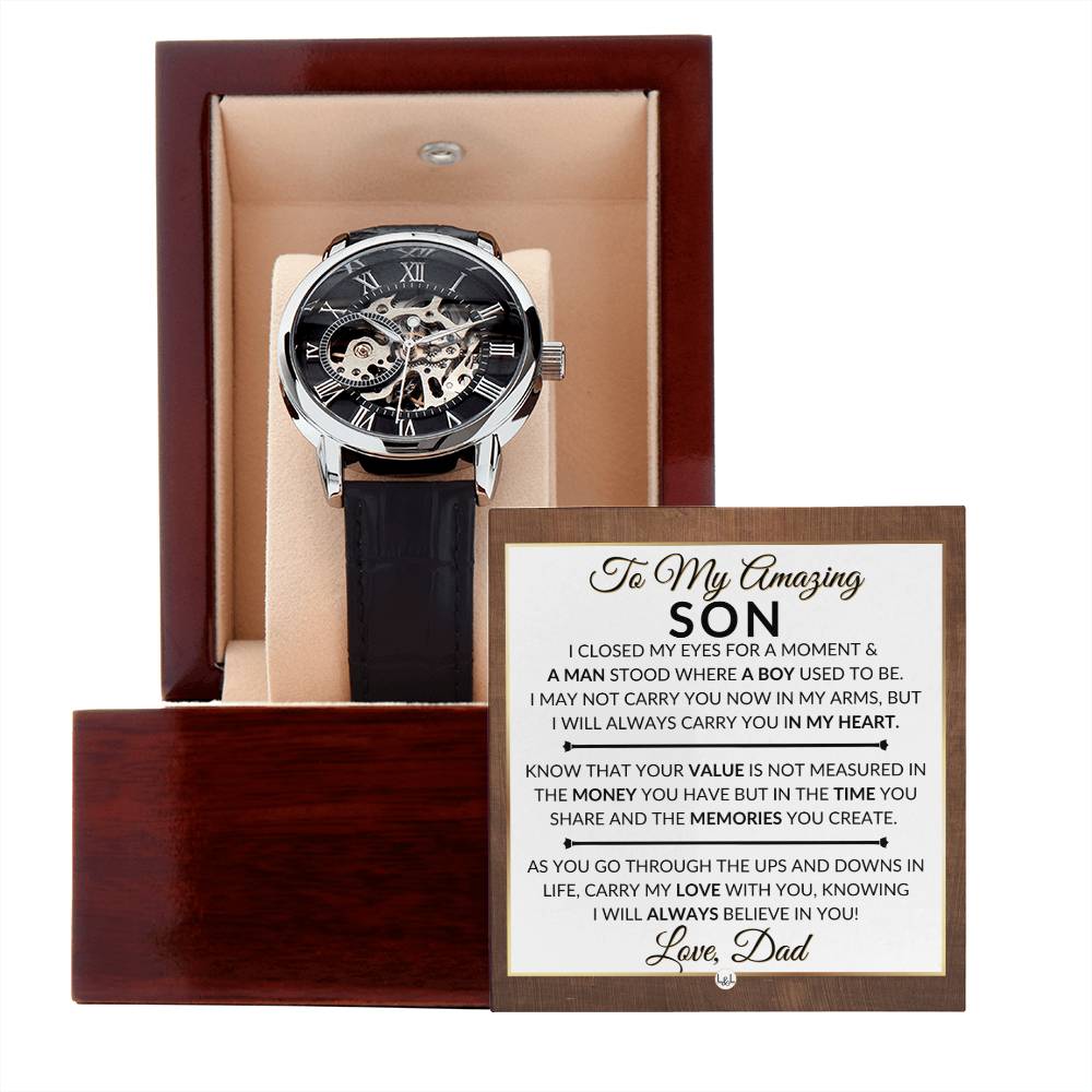 Gift For My Son From His Dad - I Closed My Eyes - Men's Openwork Skeleton Watch + LED Watch Box - Great Christmas, Birthday, or Graduation Gift - Liliana and Liam