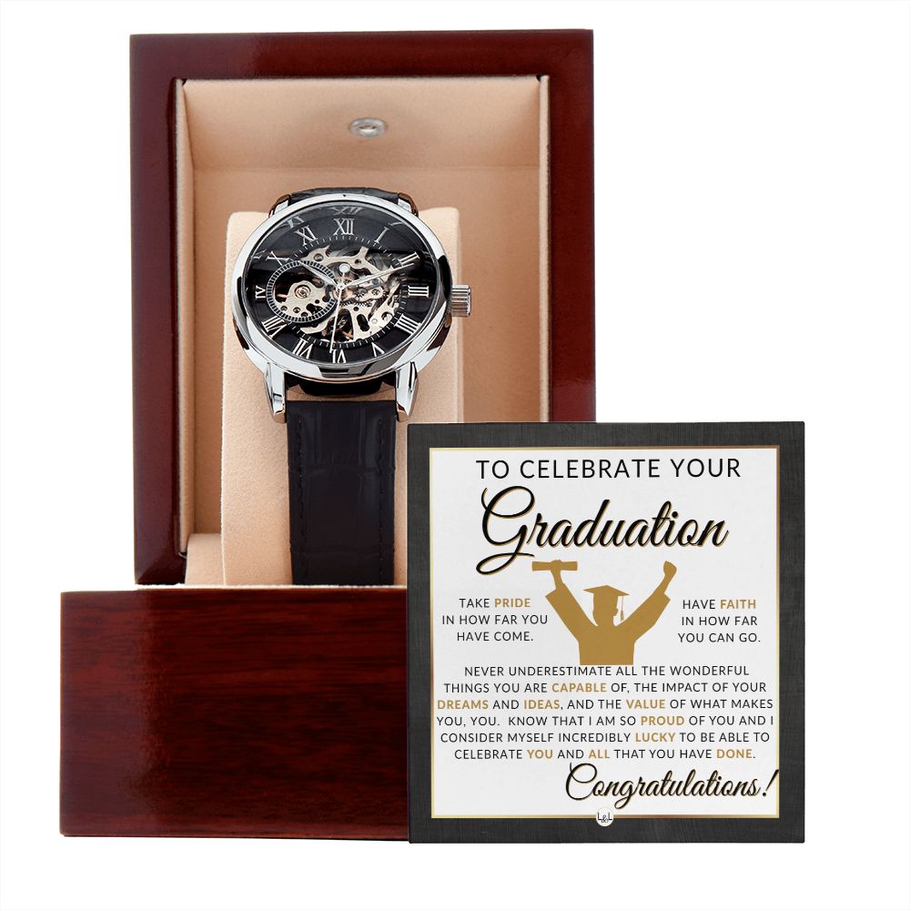 Grad Gift Idea For Him - Men's Openwork Watch + Watch Box - Great 2024 Graduation Gift Idea For Him