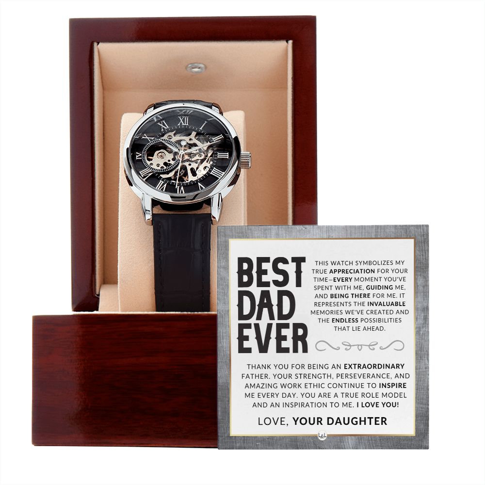 Dad Gift, From His Daughter - Men's Openwork Watch + Box - Thoughtful Father's Day, Christmas or Birthday Gift For Him