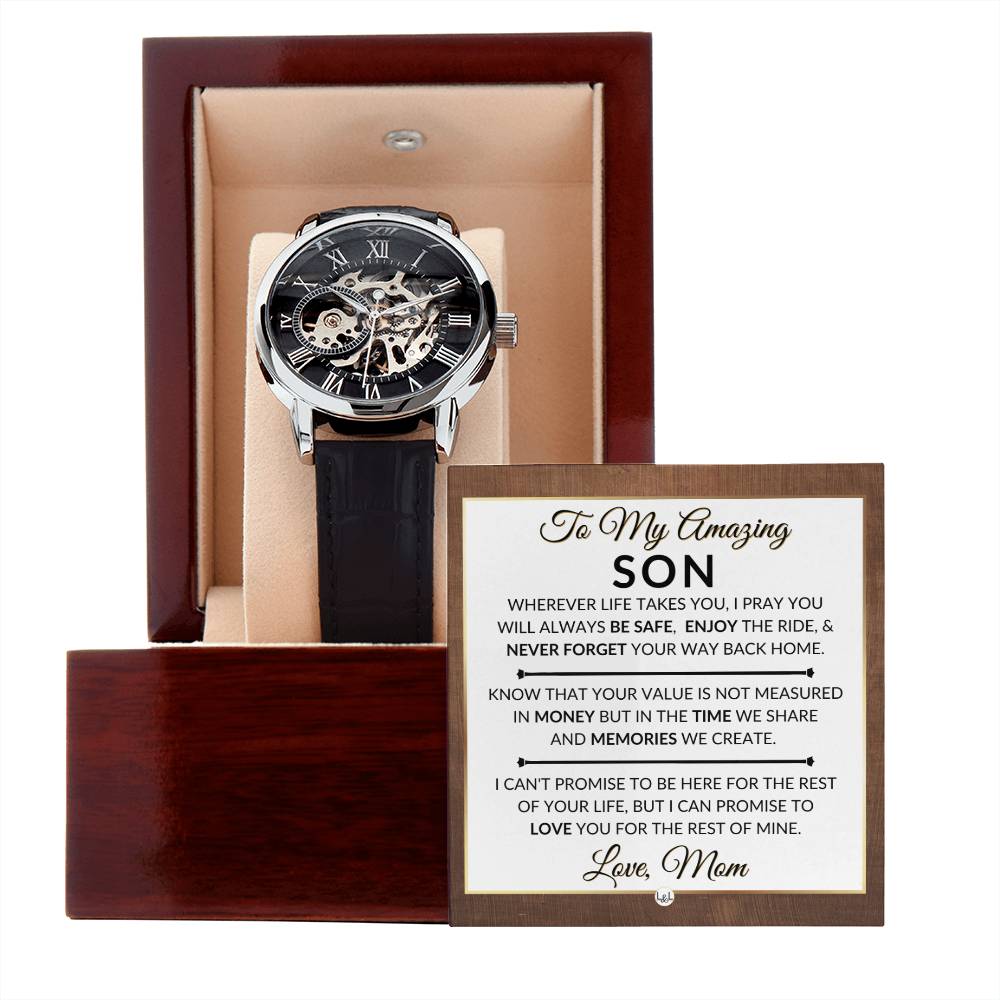 Gift For Son From Mom - Never Forget Your Way Home - Men's Openwork Skeleton Watch + LED Watch Box - Great Christmas, Birthday, or Graduation Gift - Liliana and Liam