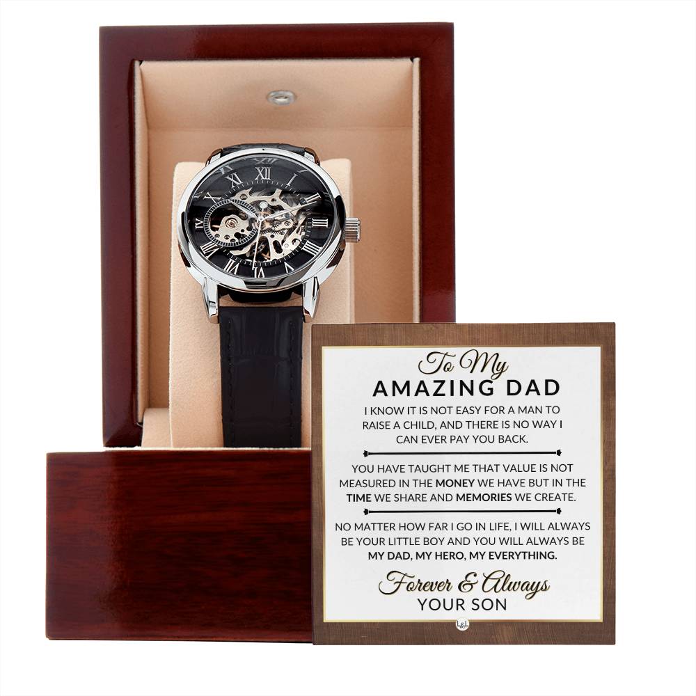 Dad Gift  From Son - My Dad, My Hero, My Everything - Men's Openwork Skeleton Watch + LED Watch Box - Great Christmas, Birthday, or Retirement Gift