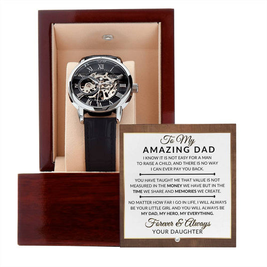 Dad Gift From Daughter - My Dad, My Hero, My Everything - Men's Openwork Skeleton Watch + LED Watch Box - Great Christmas, Birthday, or Retirement Gift