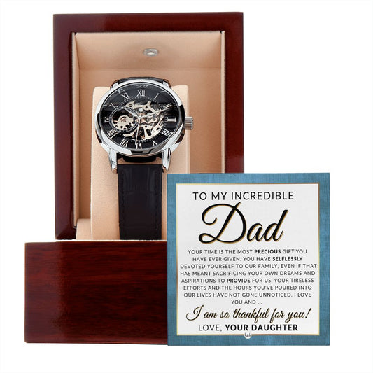 Gift For My Dad, From Daughter - Men's Openwork Watch + Box - Thoughtful Father's Day, Christmas or Birthday Gift For Him