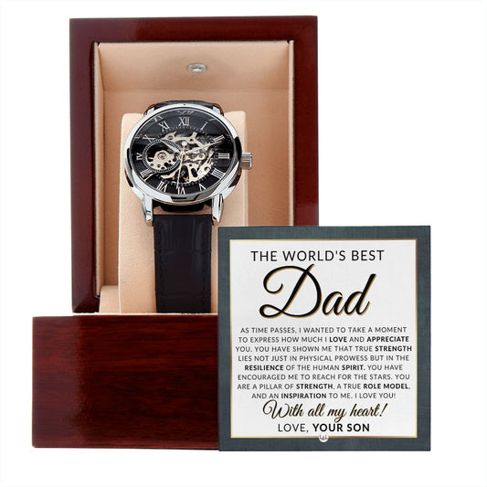 World's Best Dad, From Son - Men's Openwork Watch + Box - Thoughtful Father's Day, Christmas or Birthday Gift For Him