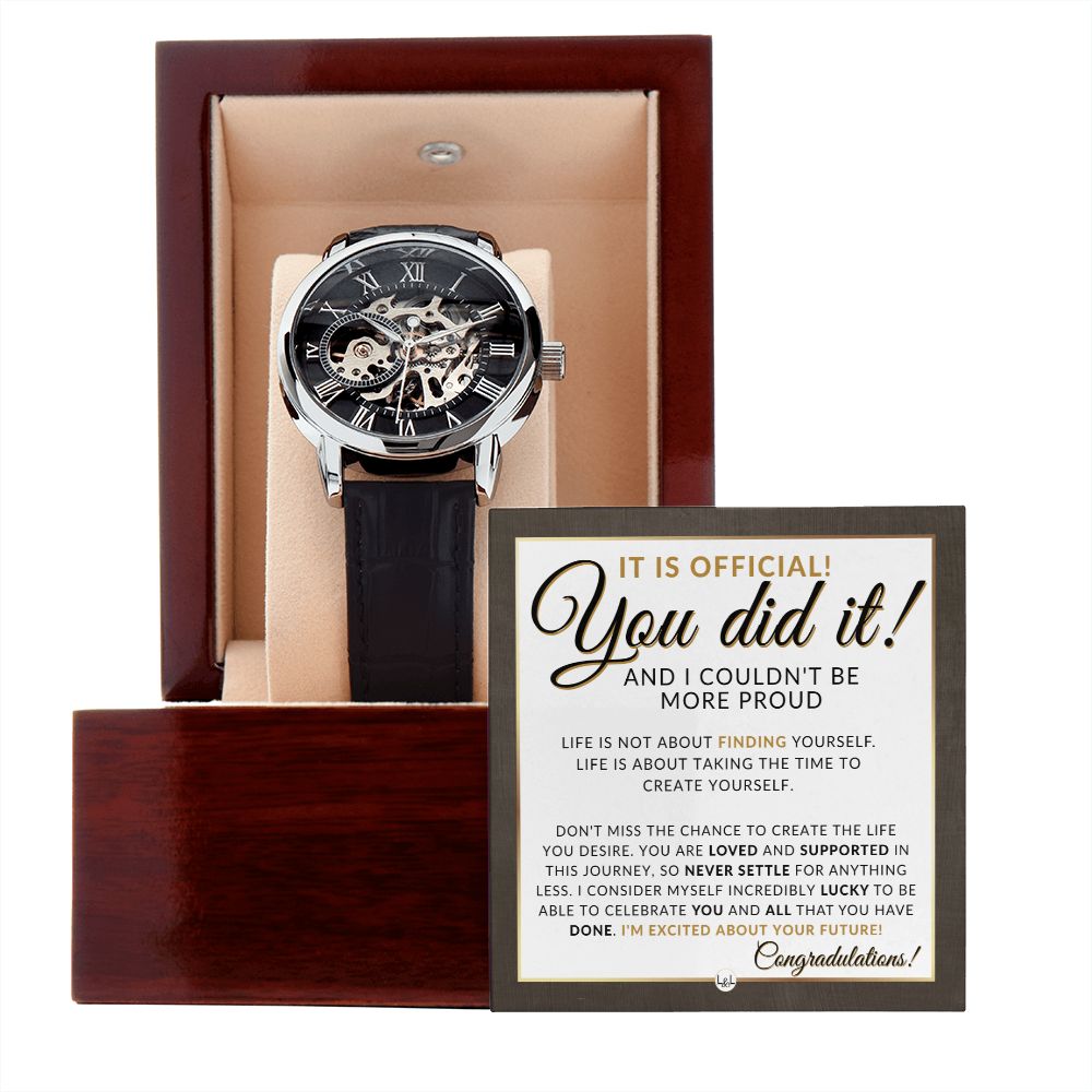 Congratulations - Graduation Gift For Him - I Am Proud - Men's Openwork Watch + Watch Box - Great 2024 Graduation Gift Idea For Him