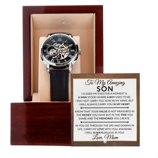 Gift For My Son From His Mom - I Closed My Eyes - Men's Openwork Skeleton Watch + LED Watch Box - Great Christmas, Birthday, or Graduation Gift