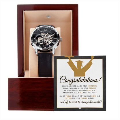 Graduation Gift For A Guy - Men's Openwork Watch + Watch Box - Graduation Gift Idea For Him - Liliana and Liam