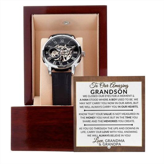 Gift For Our Grandson From His Grandma and Grandpa - We Closed Our Eyes - Men's Openwork Skeleton Watch + LED Watch Box - Great Christmas, Birthday, or Graduation Gift