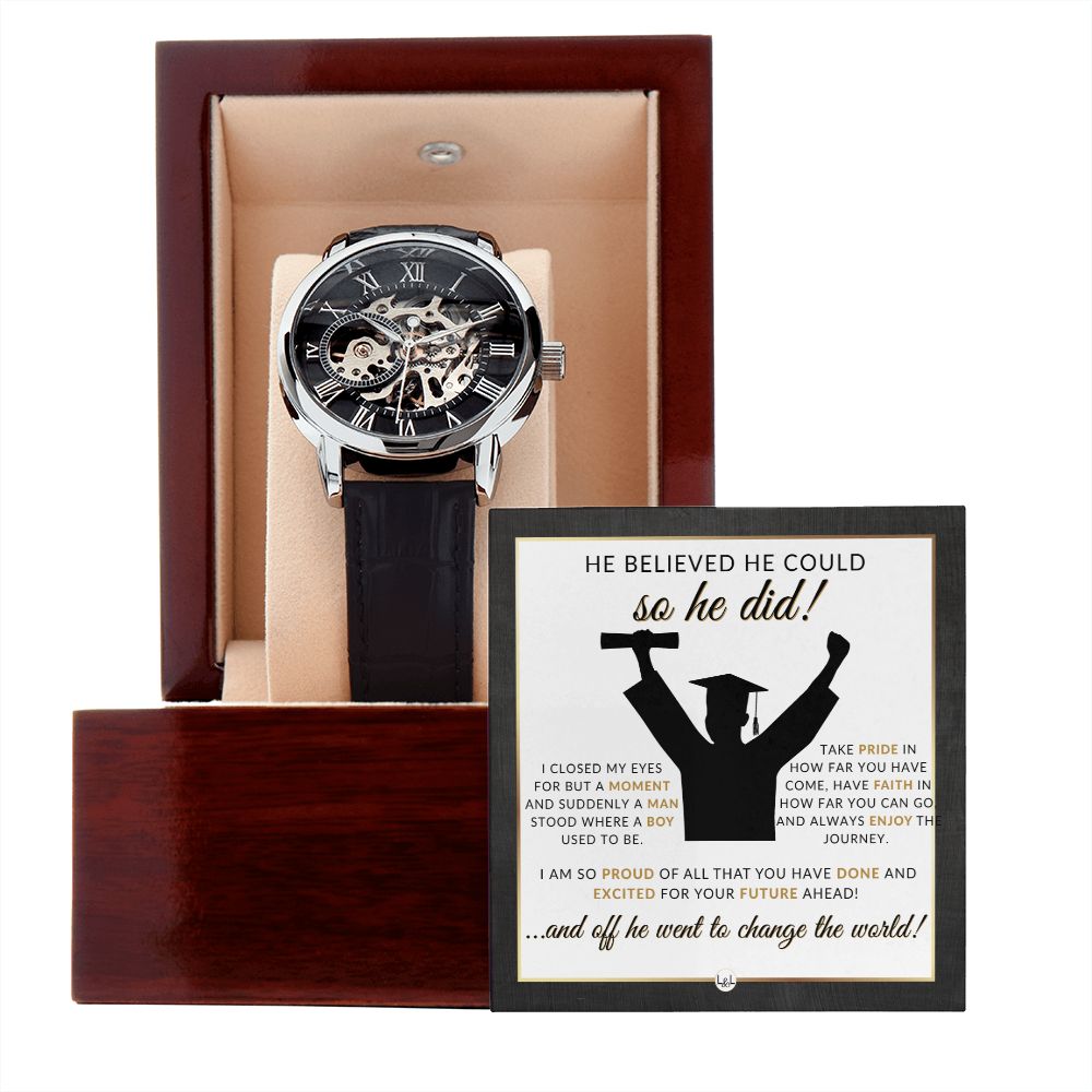 Graduation Gift Idea For Him - Men's Openwork Watch + Watch Box - Great 2024 Graduation Gift Idea For Him
