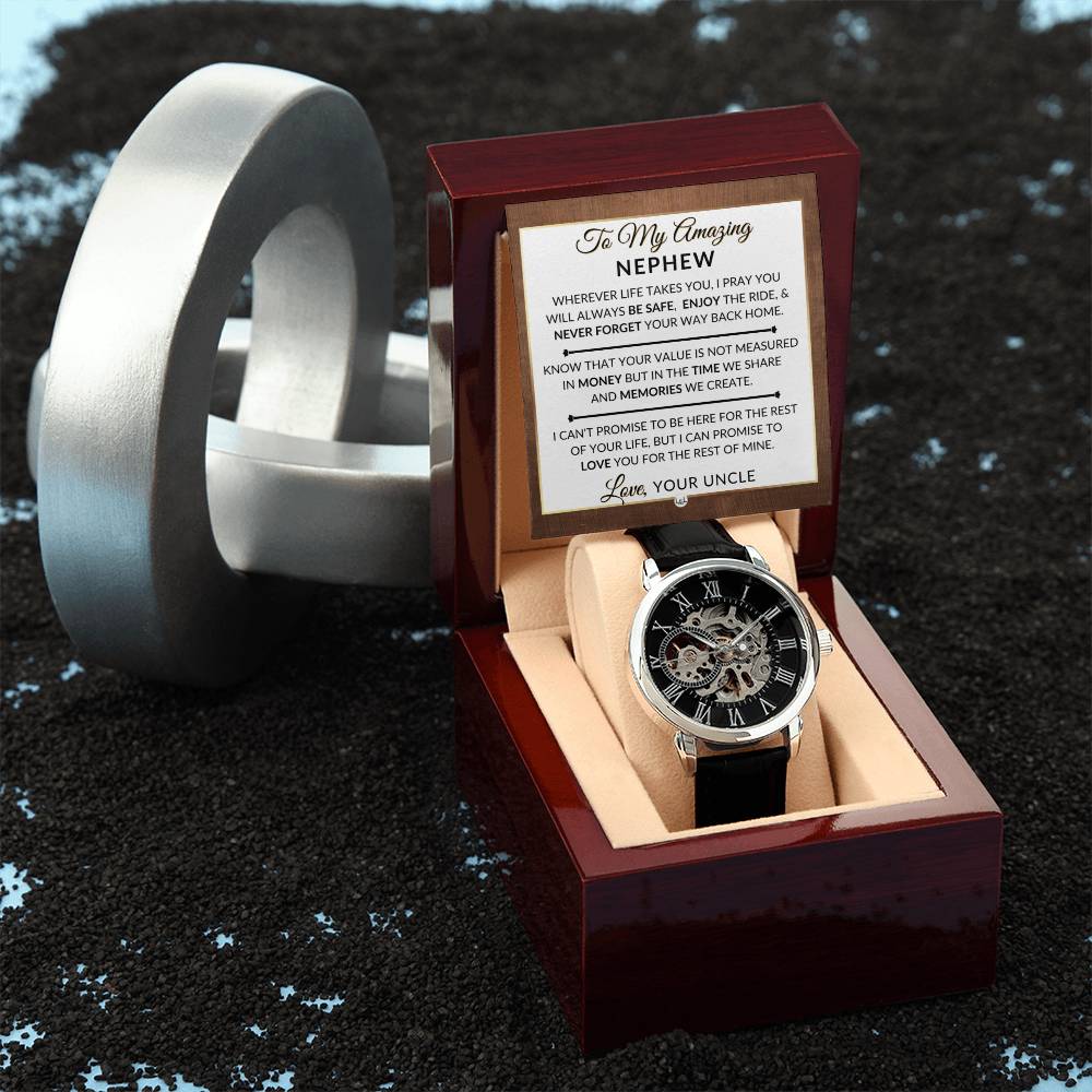 Gift For Nephew From Uncle - Never Forget Your Way Home - Men's Openwork Skeleton Watch + LED Watch Box - Great Christmas, Birthday, or Graduation Gift - Liliana and Liam