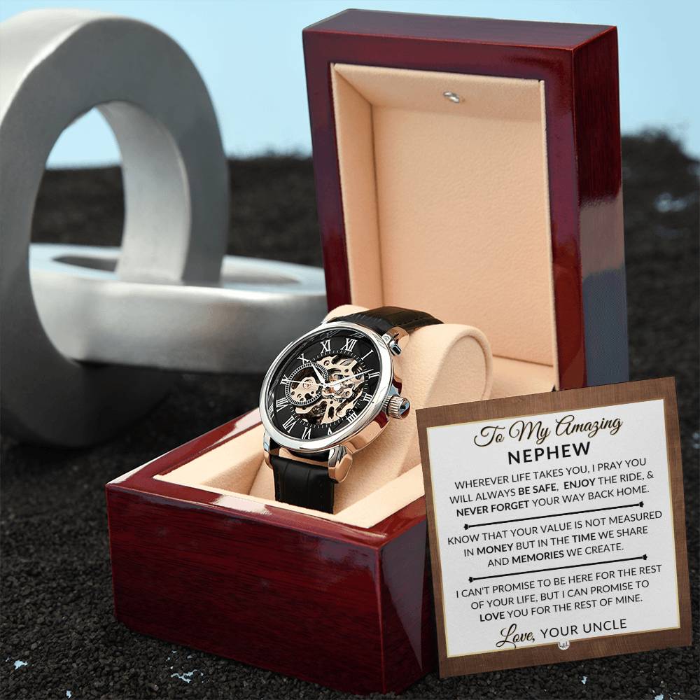 Gift For Nephew From Uncle - Never Forget Your Way Home - Men's Openwork Skeleton Watch + LED Watch Box - Great Christmas, Birthday, or Graduation Gift - Liliana and Liam