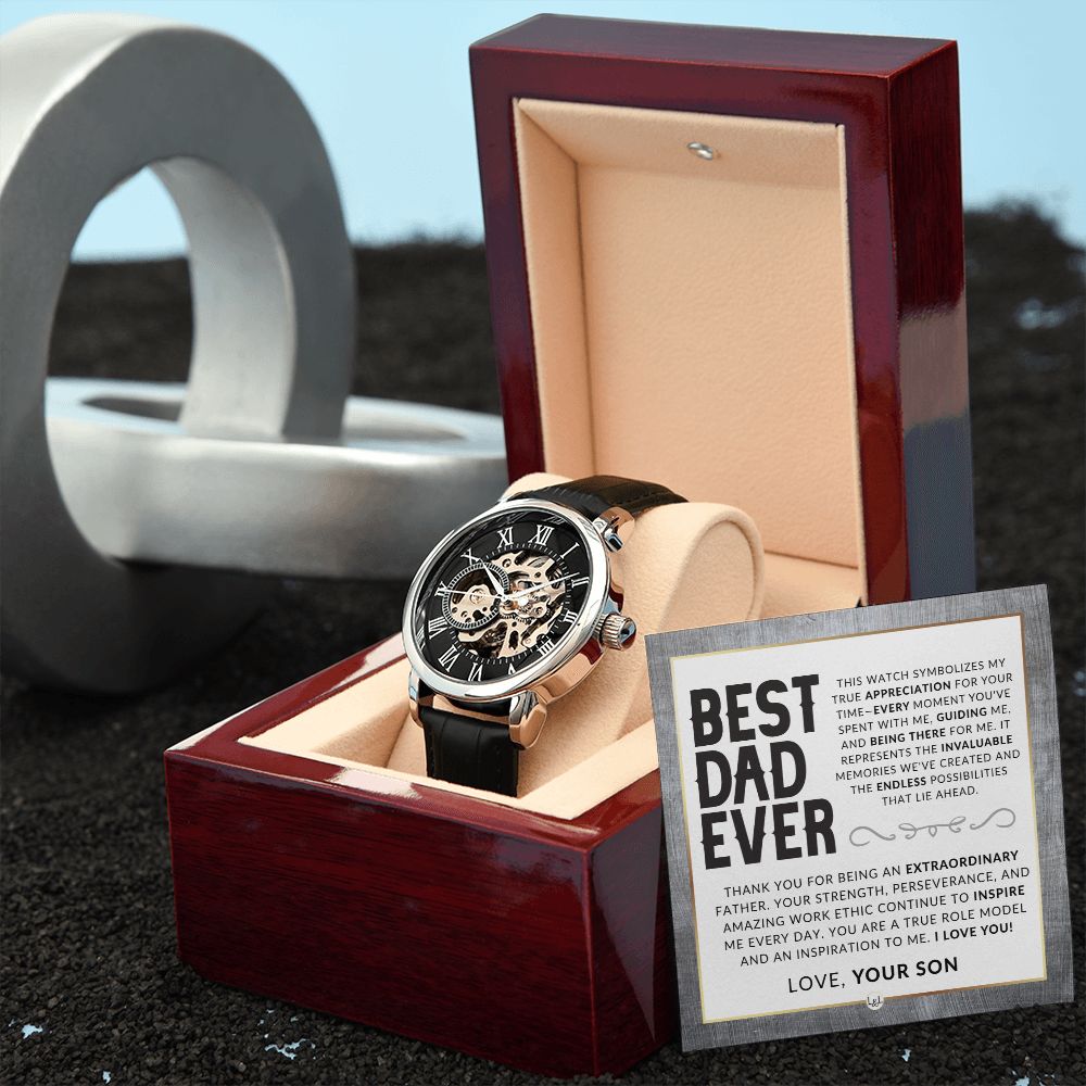 Dad Gift, From His Son - Men's Openwork Watch + Box - Thoughtful Father's Day, Christmas or Birthday Gift For Him