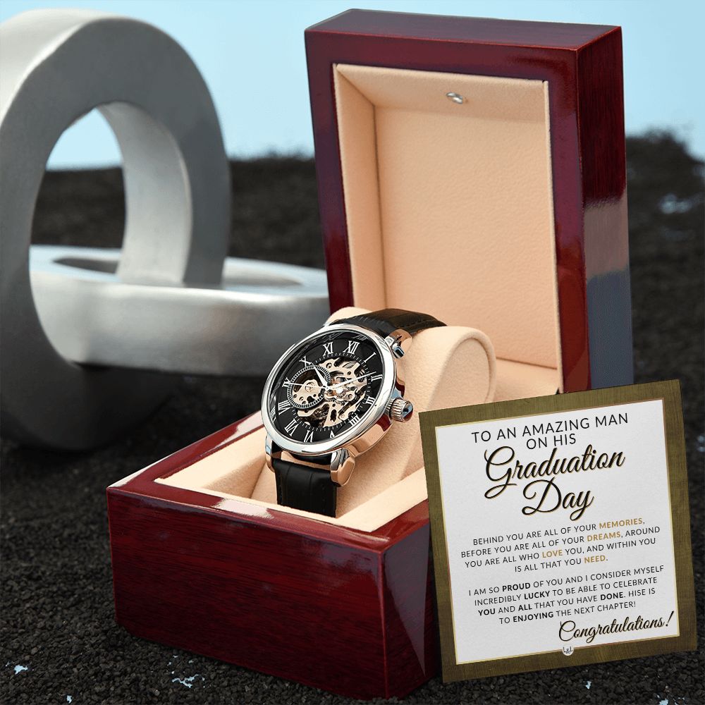 Graduation Day Gift For Him - Men's Openwork Watch + Watch Box - Great 2024 Graduation Gift Idea For Him