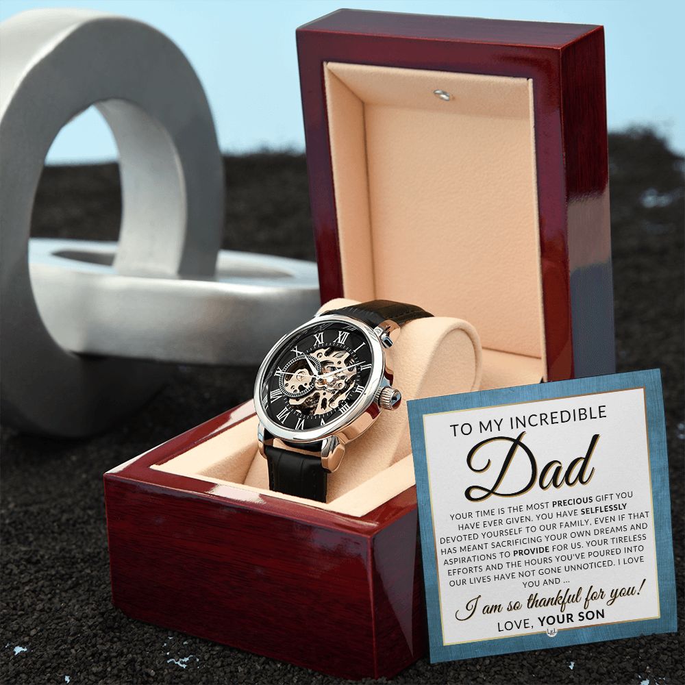 Gift For My Dad, From Son - Men's Openwork Watch + Box - Thoughtful Father's Day, Christmas or Birthday Gift For Him