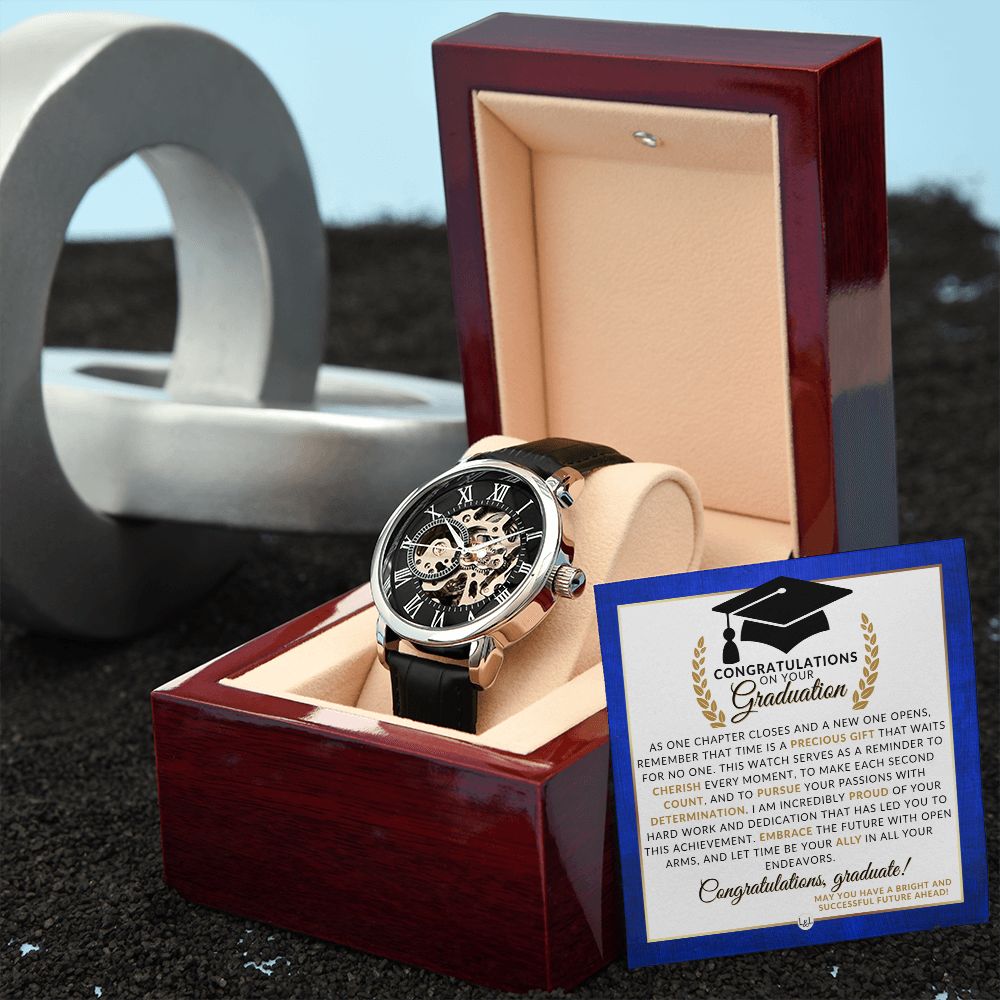 Graduate Gift For His Graduation - Men's Openwork Watch + Watch Box - Great 2024 Graduation Gift Idea For Him